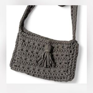 Handwoven Gray Crochet Crossbody Bag with Tassel
